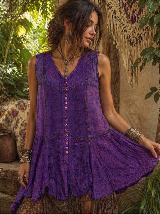 Flower Tops - Flower Purple Boho Tunic Top L Embroidered Button Front Flowy Rayon
